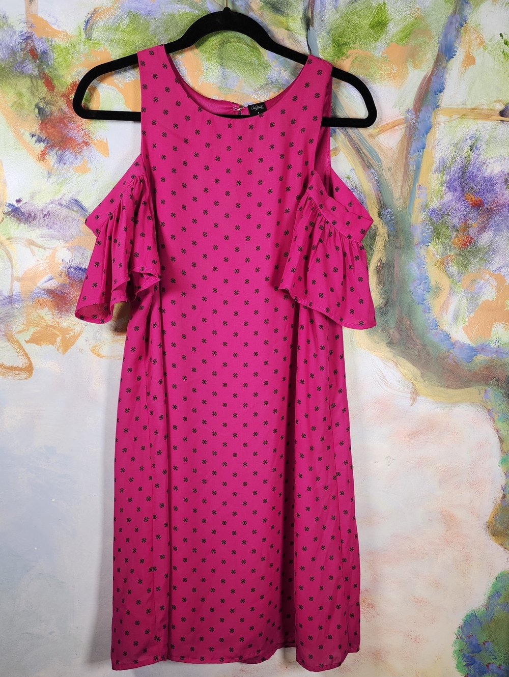 City Streets Fuchsia Cold-Shoulder Midi Dress with Black Dot Print